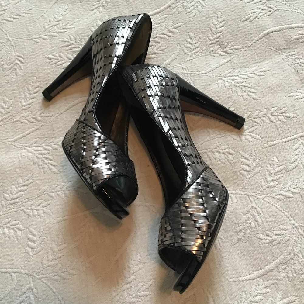 Cole Hann Tiana Air Gunmetal Silver Woven Stiletto Pumps 3.5”high heels